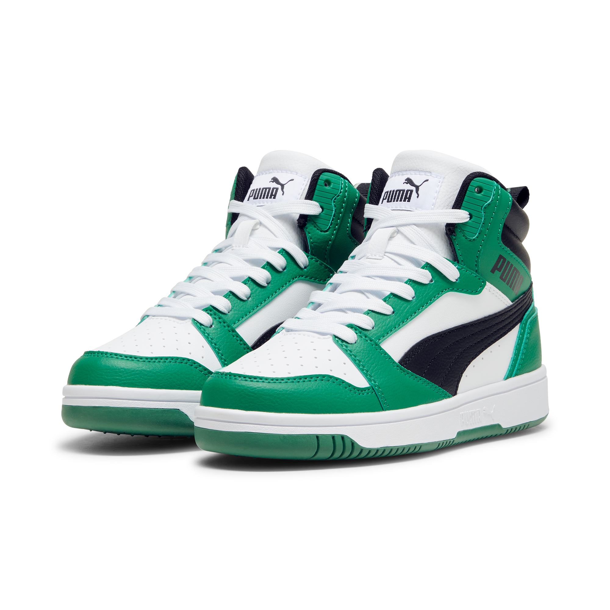 Sneakers alte bianche e verdi da ragazzo con dettagli neri Puma Rebound v6 Mid Jr, Brand, SKU s352500243, Immagine 0